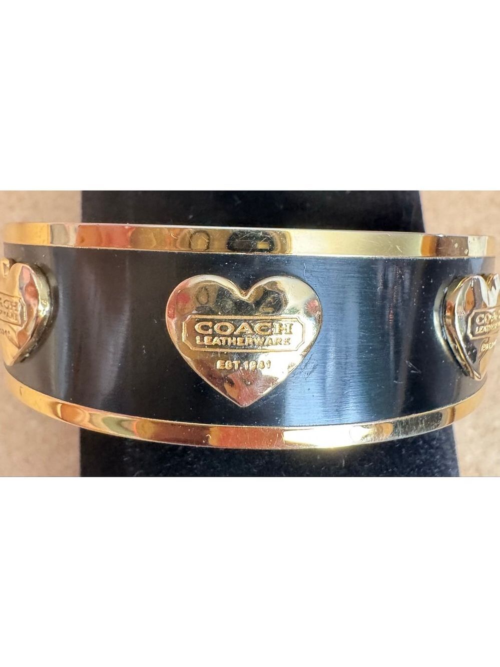 Women's Coach Black Gold Heart Logo Bangle Bracelet One Size